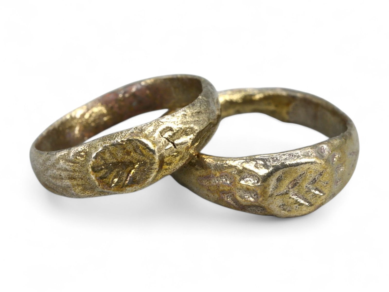 Ancient Roman Pair of Laurel Wreath Bronze Rings with Gilding, c. 2nd-4th Century CE, US 2 & 3, 3.1g (1 of 2)