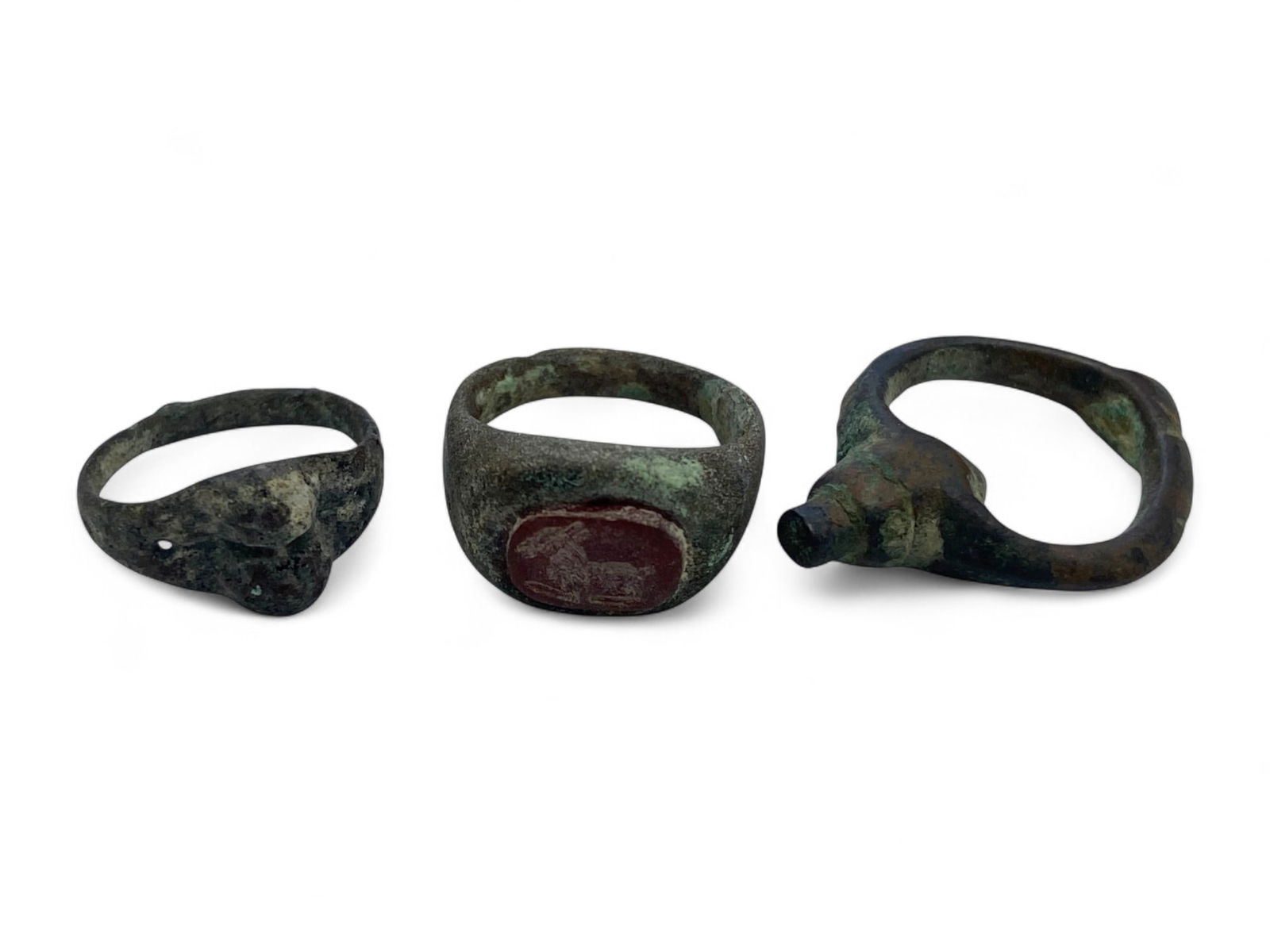 Ancient Roman Bronze Intaglio and Decorative Rings Set of 3, c. 1st-3rd Century CE, 12g (1 of 2)