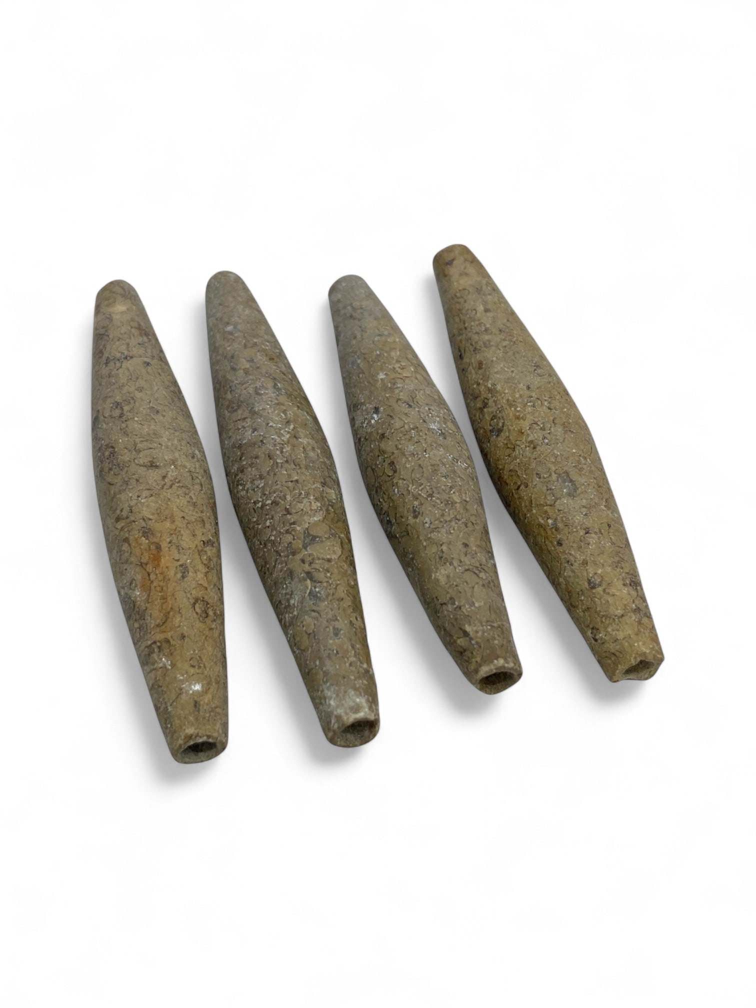 Ancient Afghan Elongated Stone Beads, c. 3rd-1st Millennium BCE, Set of 4, 8cm each, 91g: This striking set of four elongated stone beads hails from ancient Afghanistan, dating to the 3rd-1st millennium BCE. Each bead measures approximately 8 cm in length, with the total set weighing 91 gr