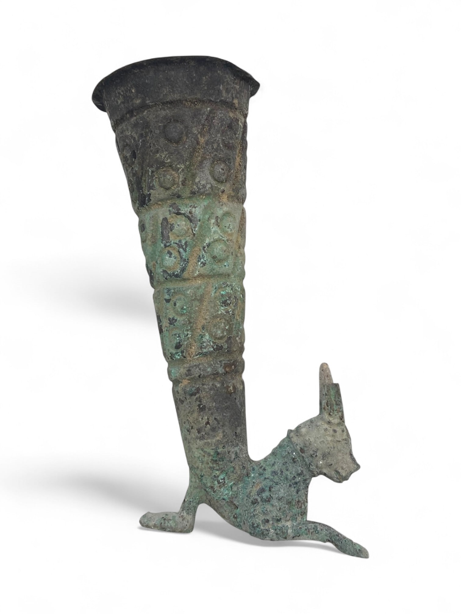 Ancient Parthian Bronze Rhyton with Ibex Terminal, c. 2nd Century BCE - 1st Century CE, 167g: This exceptional ancient Parthian bronze rhyton, measuring 16 cm in length and weighing 167 grams, exemplifies the ceremonial grandeur of Parthian ritual art. Tapering from a wide flared mouth to a te