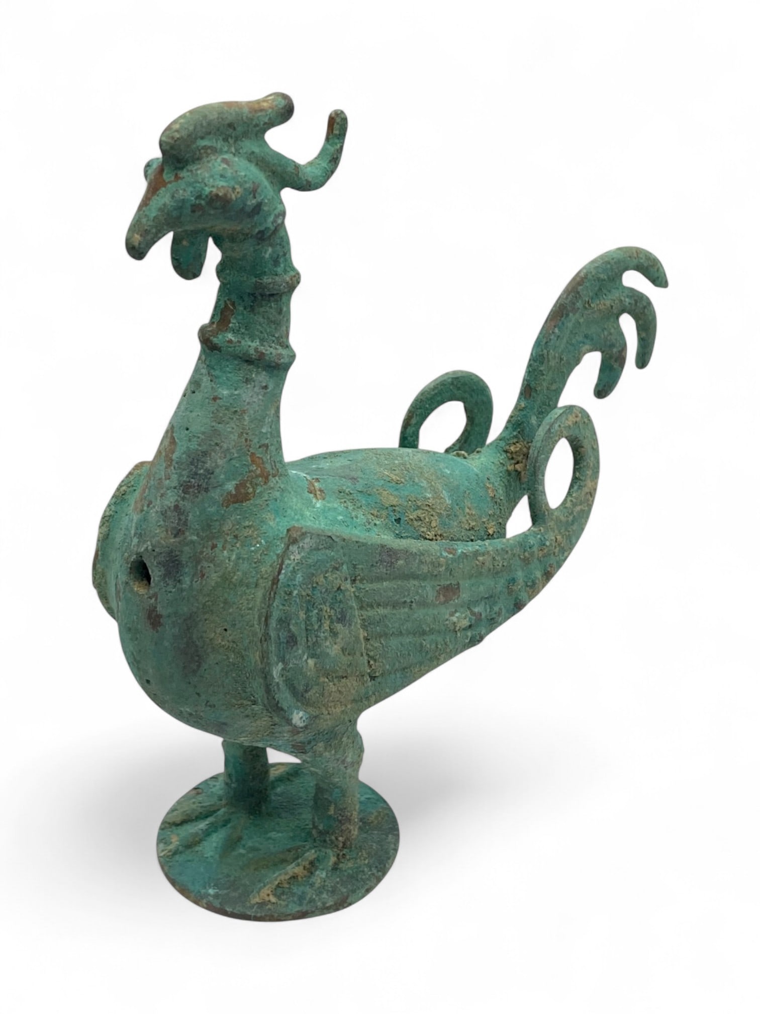 Ancient Byzantine Bronze Rooster Aquamanile, c. 9th-12th Century CE, 302g: This rare Byzantine bronze aquamanile, cast in the form of a stylized rooster, represents both liturgical function and rich symbolism in medieval Christian art. Measuring 12 cm high and 11 cm long, an