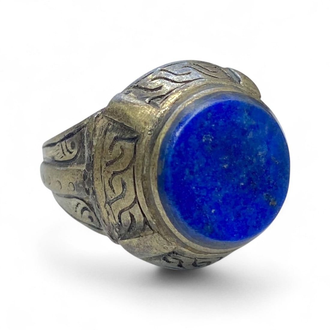 Antique Islamic Scrollwork Lapis Lazuli Inlay Silver Ring, c. 18th-19th Century, 9g (1 of 4)