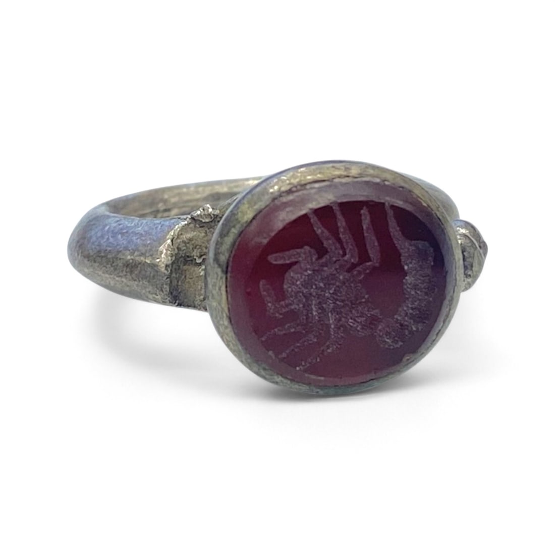 Antique Silver Scorpion Intaglio Ring with Red Carnelian Inlay, 8g (1 of 3)