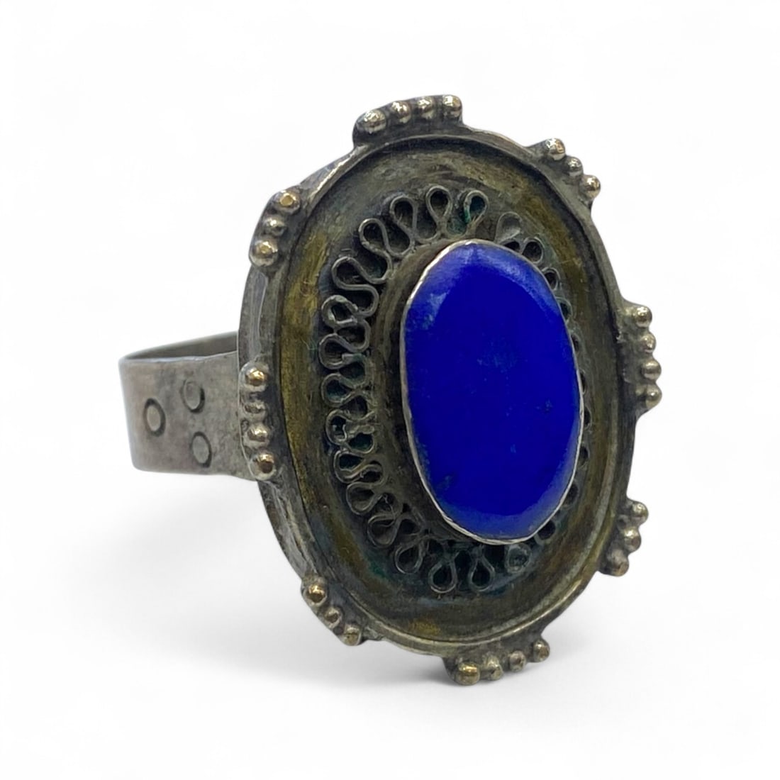 Antique Central Asian Filigree Oval Silver Ring, Lapis Blue Glass Inlay, c. 19th Century, 5g (1 of 4)