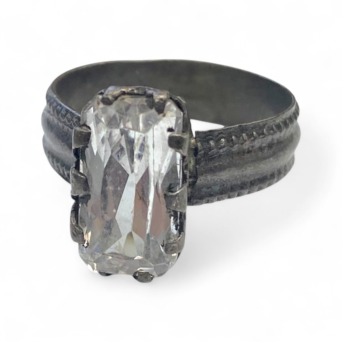 Antique Eastern European Silver Ring, Rectangular Crystal Prong Setting, c. Early 20th Century, 5g (1 of 3)