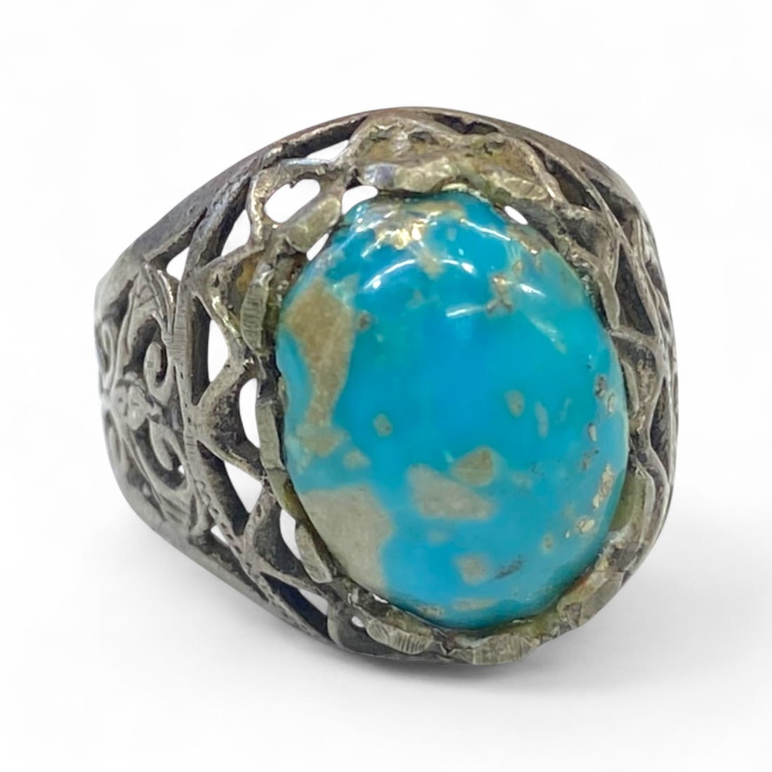 Antique Middle Eastern Filigree Silver Ring, Turquoise Matrix Cabochon, c. Late 19th Century, 6g (1 of 4)