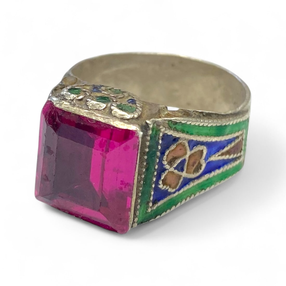 Antique Persian Silver Ring, Pink Faceted Stone & Polychrome Enamel Panels, Early 20th Century, 6g (1 of 3)