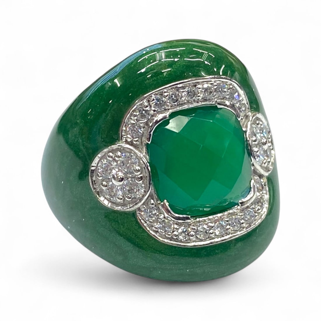 Vintage Art Deco Green Glass Cabochon and Diamond-Style Silver Dome Ring, c. 1930s, 10g (1 of 3)