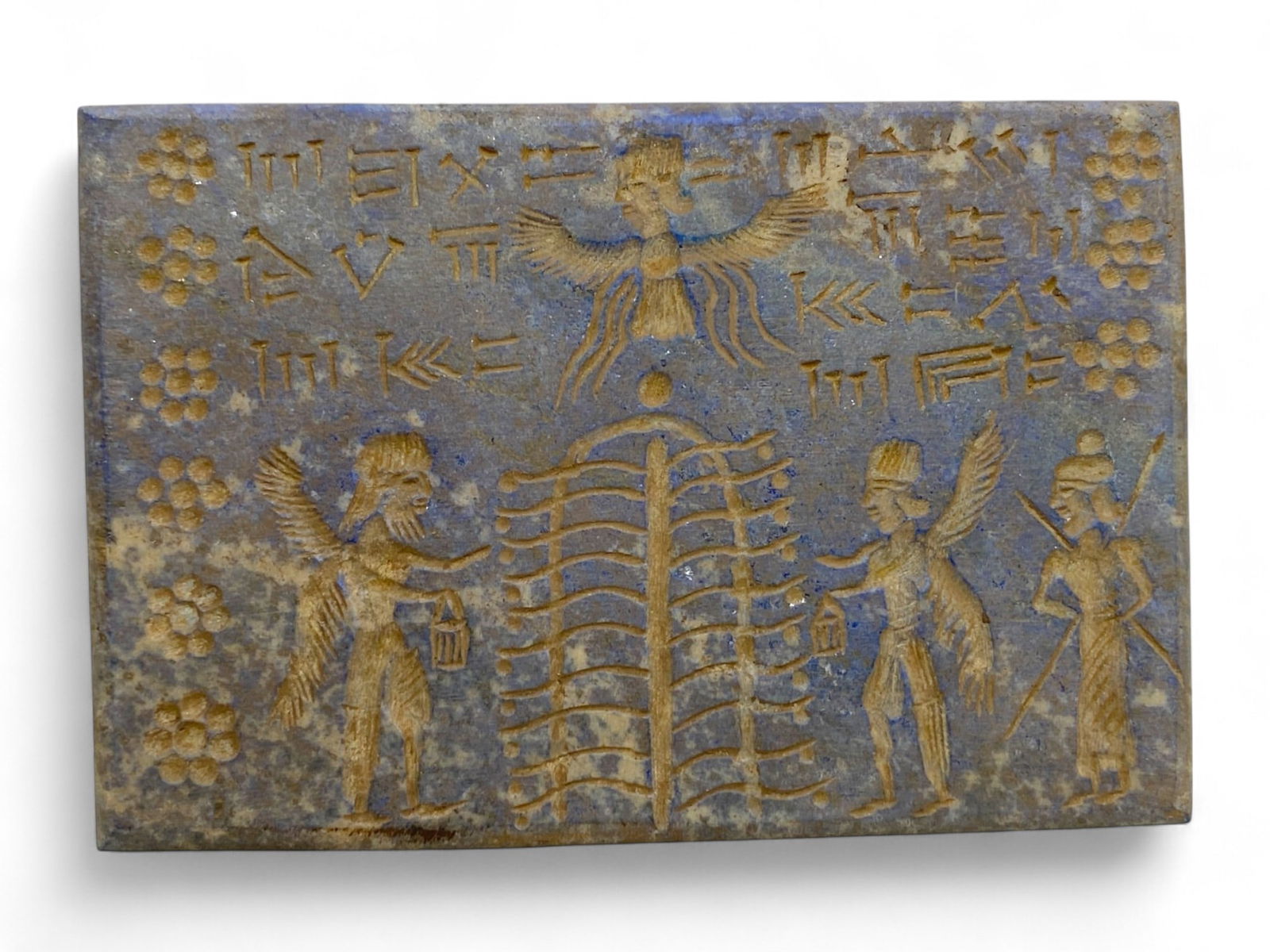 Antique Revivalist Neo-Assyrian Style Lapis Lazuli Plaque with Winged Deities and Tree of Life, 211g (1 of 2)