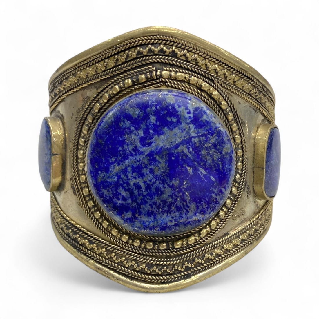 Antique Tribal Berber Lapis Lazuli Inlay Bronze Cuff Bracelet, 78g (1 of 4)
