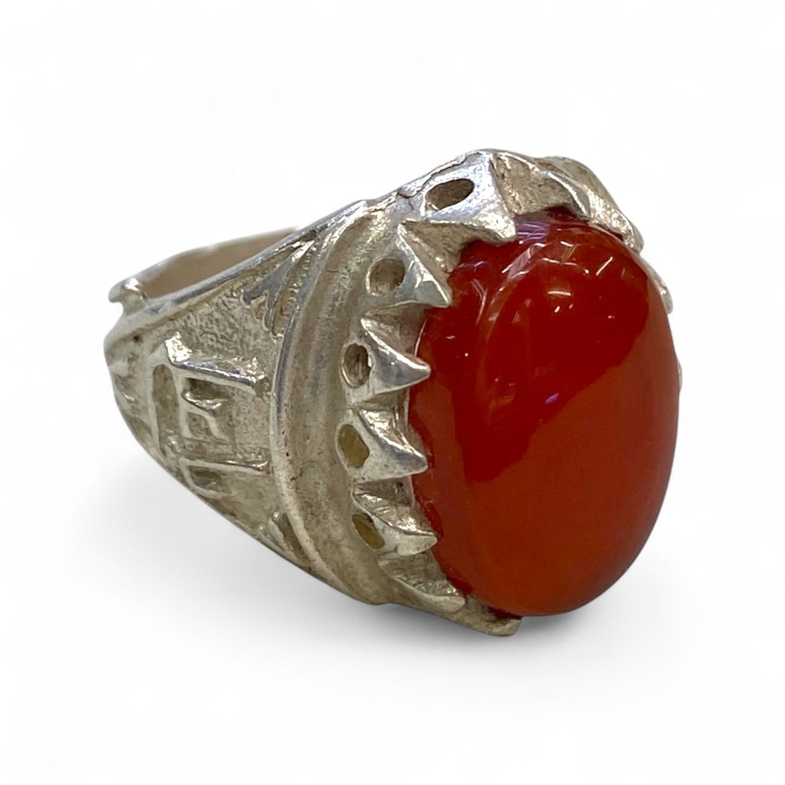 Antique Middle Eastern Silver Alloy Carnelian Ring, c. Mid-20th Century, 9g (1 of 3)