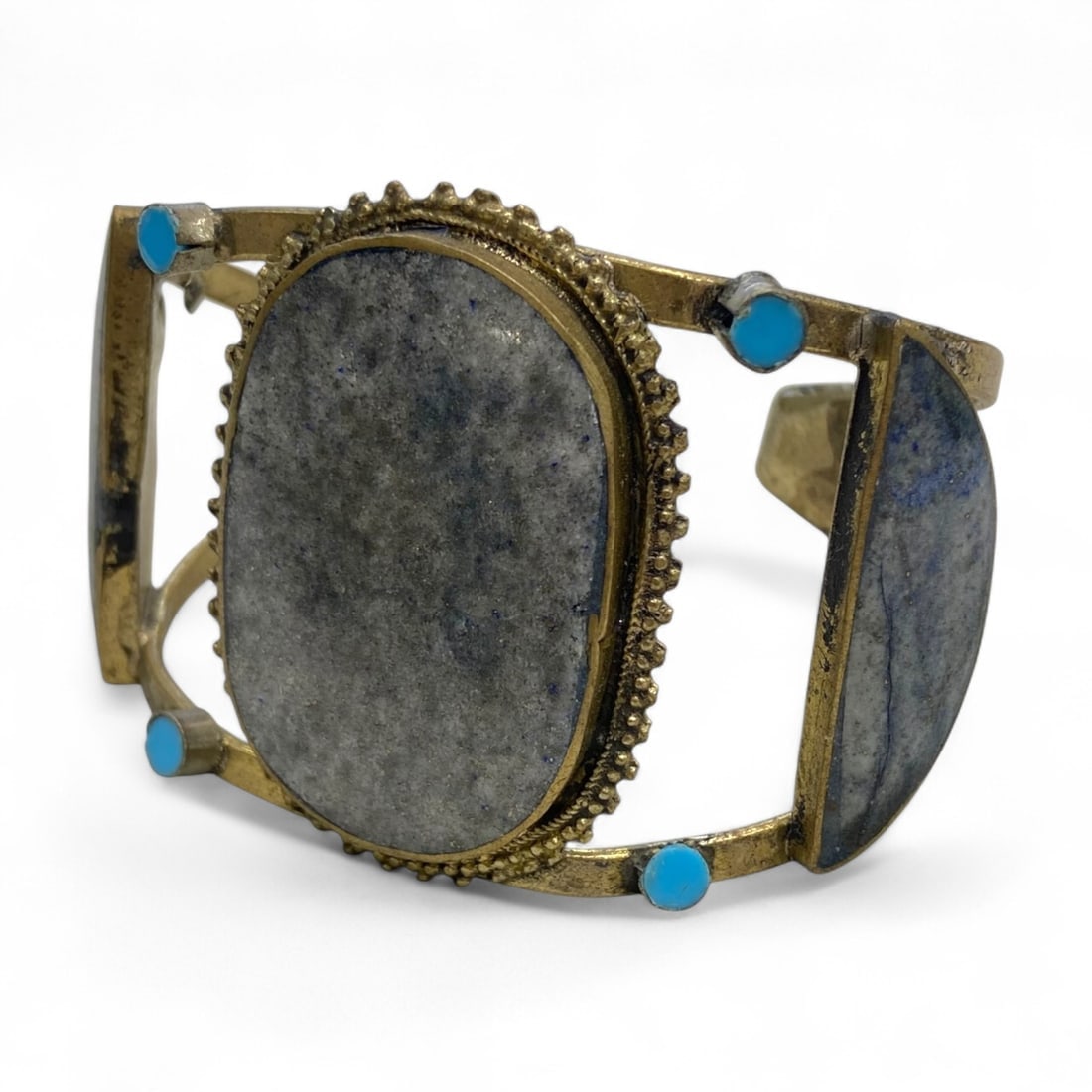Antique Tribal Berber Grey Lapis and Turquoise Inlay Bronze Cuff Bracelet, 52g (1 of 3)