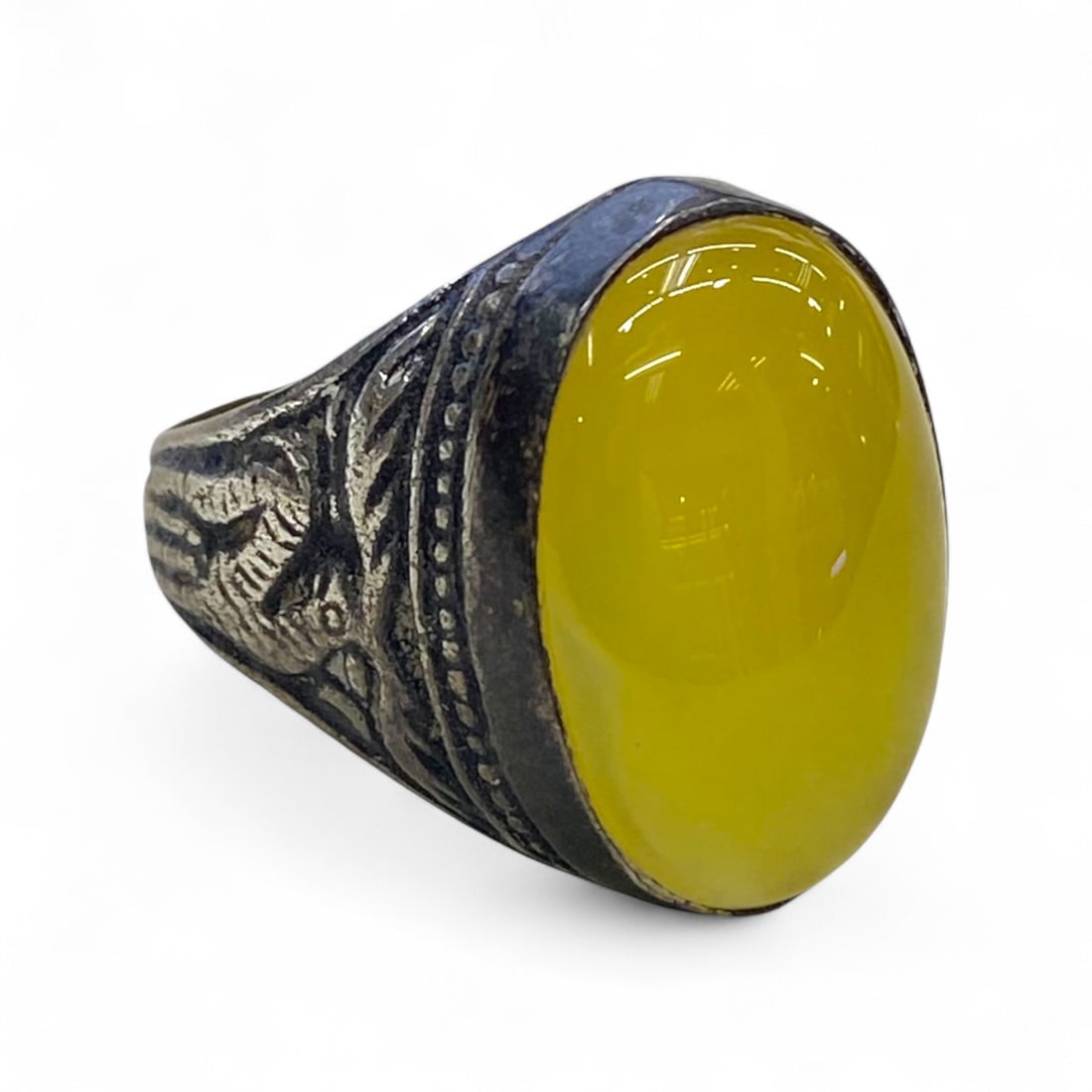 Antique Middle Eastern Engraved Silver Ring with Yellow Glass Cabochon, c. Mid 20th Century, 8g (1 of 5)