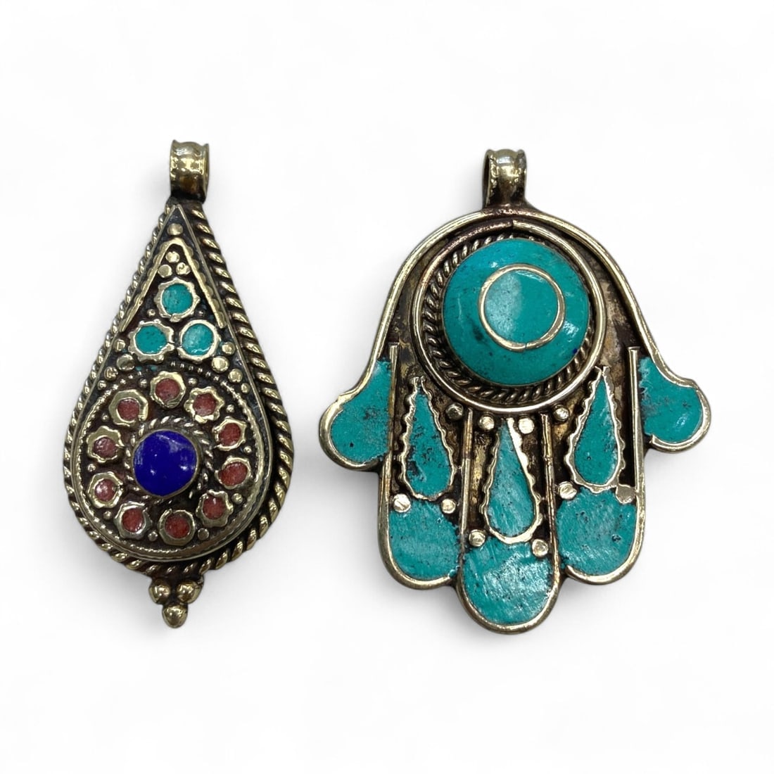 Vintage Himalayan Tribal Turquoise Lapis Coral Silver Pendant Pair, mid-20th Century, 70g (1 of 2)