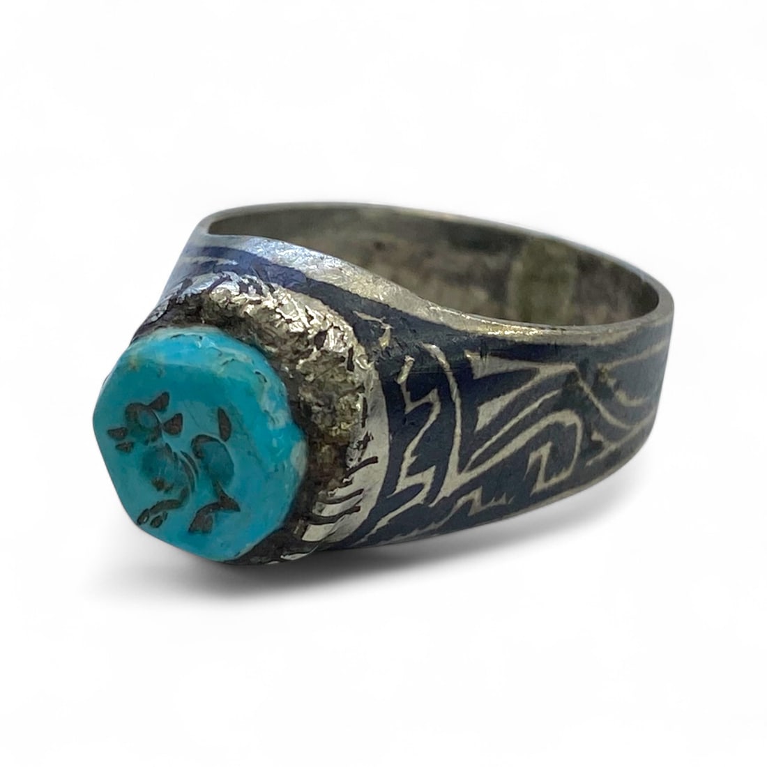 Antique Middle Eastern Kufic Script Silver Ring with Turquoise Intaglio Seal, c. 19th Century, 4g (1 of 2)