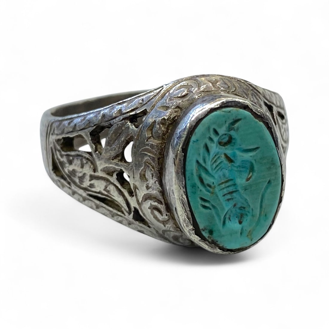 Antique Persian Filigree Floral Silver Ring with Turquoise Intaglio, c. Early 20th Century, 6g (1 of 3)