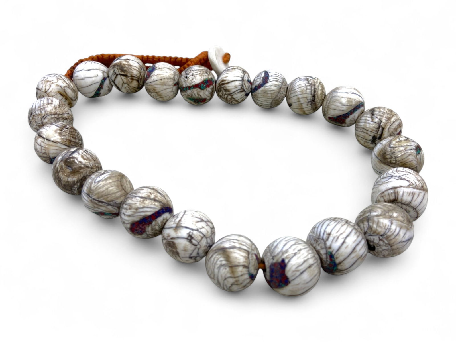 Antique Tibetan Inlaid Shell Bead Strand, Ritual Adornment Form, 19th-20th Century CE, 177g (1 of 2)