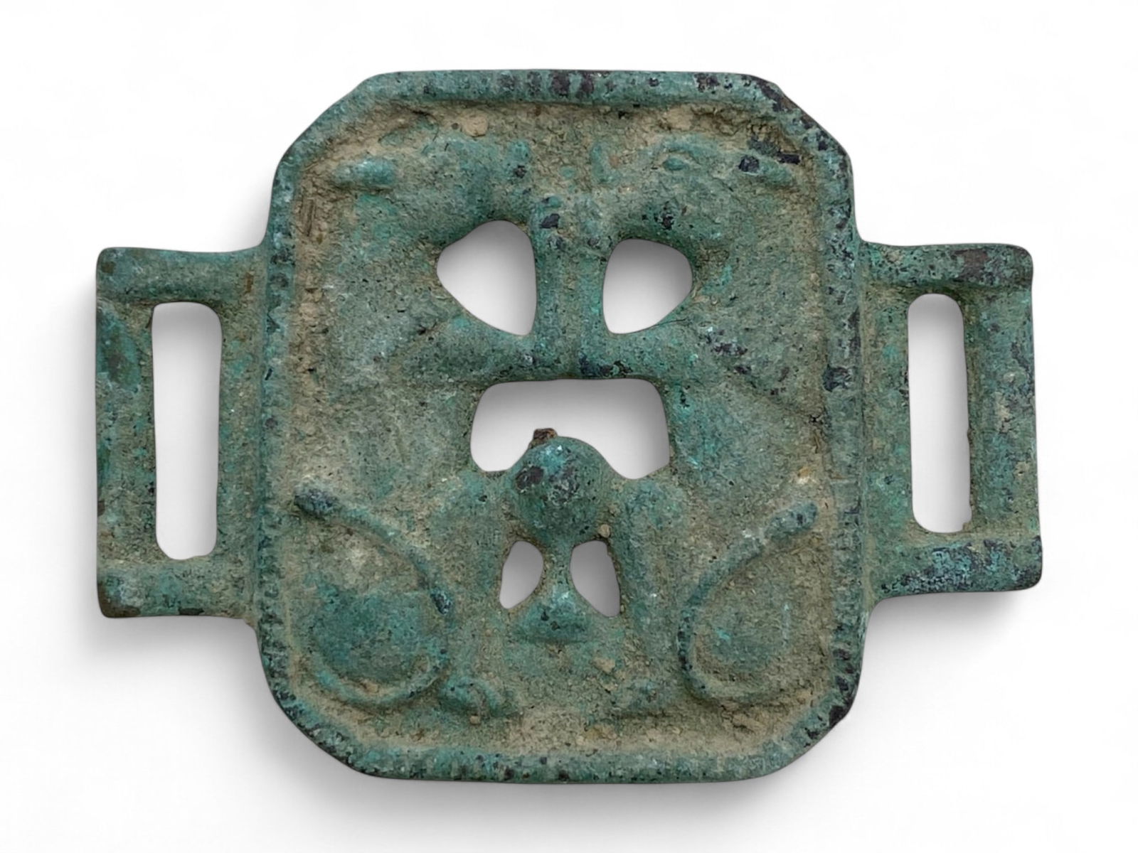Ancient Roman Double Predator Confrontation Bronze Belt Buckle Plate, c. 1st-3rd Century CE, 33g (1 of 2)