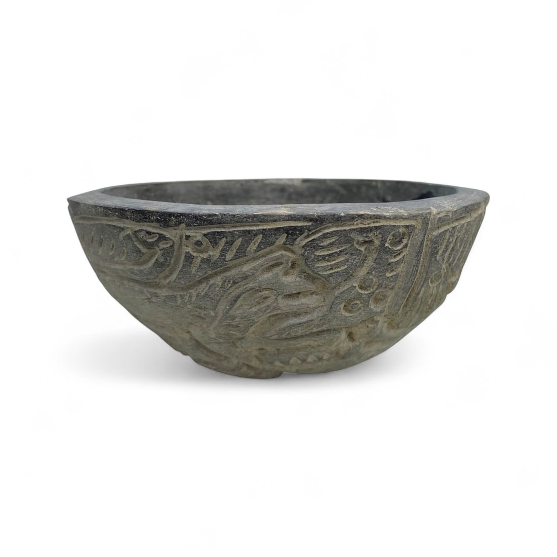 Ancient Jiroft Mythical Bird Motif Carved Schist Bowl, c. 3rd Millennium BCE, 280g: This remarkable carved schist bowl hails from the ancient Jiroft civilization of southeastern Iran, dating to the 3rd millennium BCE - a period often associated with the enigmatic cultures of the Earl