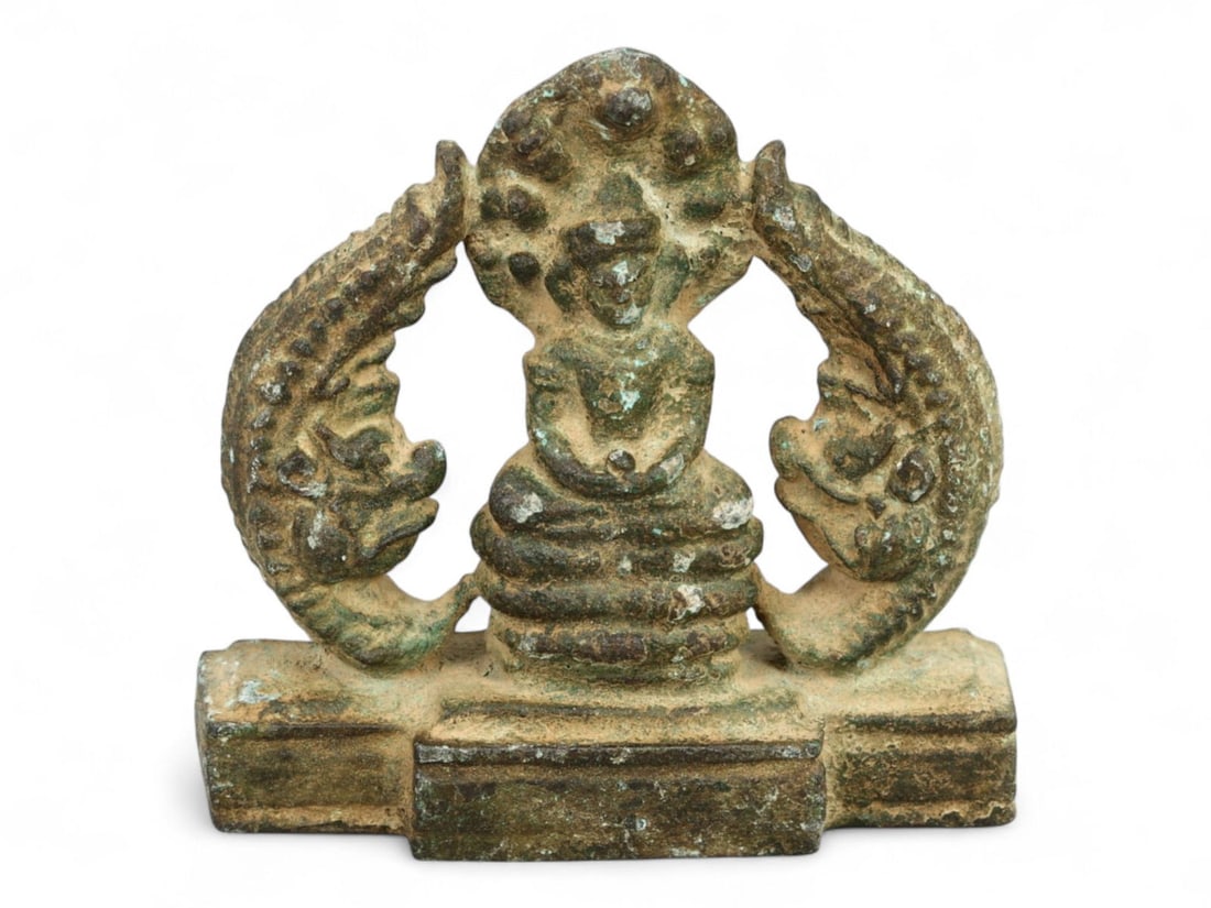 Antique Thai Naga-Flanked Buddha Bronze Miniature Shrine Element, c. 19th Century, 182g (1 of 2)