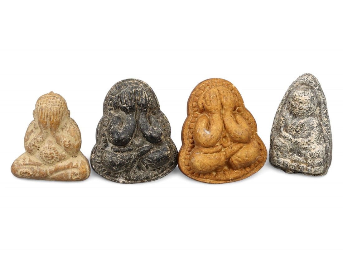 Vintage Thai Clay Amulet Figures of Phra Pidta and Monk, 4pcs, c. Mid-20th Century, 44g (1 of 2)