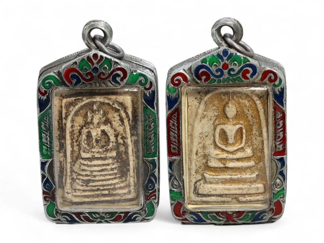 Antique Thai Seated Buddha Clay Amulet Pair in Multicolor Enamel Silver Alloy Frames, 89g (1 of 2)