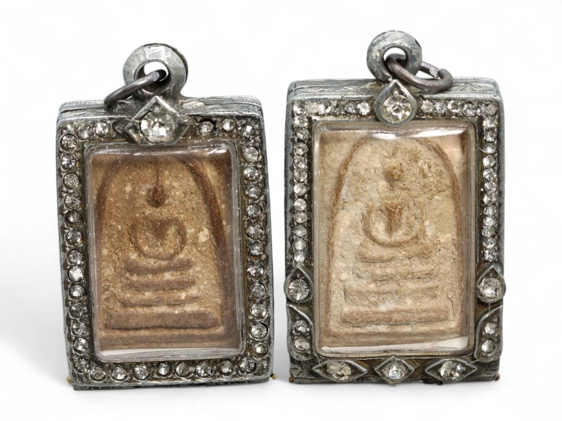 Antique Thai Seated Buddha Clay Amulet Pair in Rhinestone-Framed Silver Alloy Cases, 66g (1 of 2)