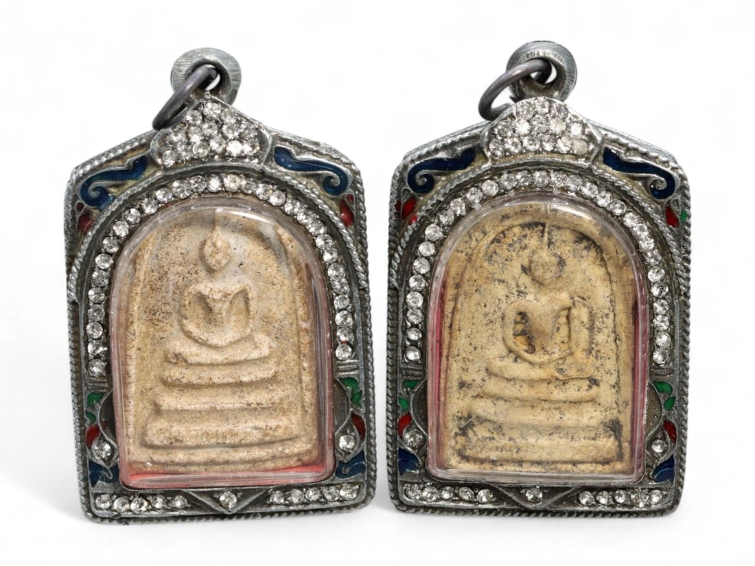 Antique Thai Seated Buddha Clay Amulet Pair in Rhinestone-Encrusted Silver Alloy Cases, 80g (1 of 2)