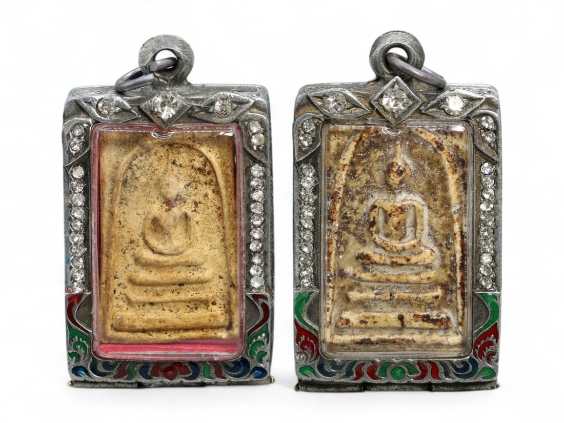 Antique Thai Seated Buddha Clay Amulet Pair in Rhinestone and Enamel Silver Alloy Frames, 69g (1 of 2)