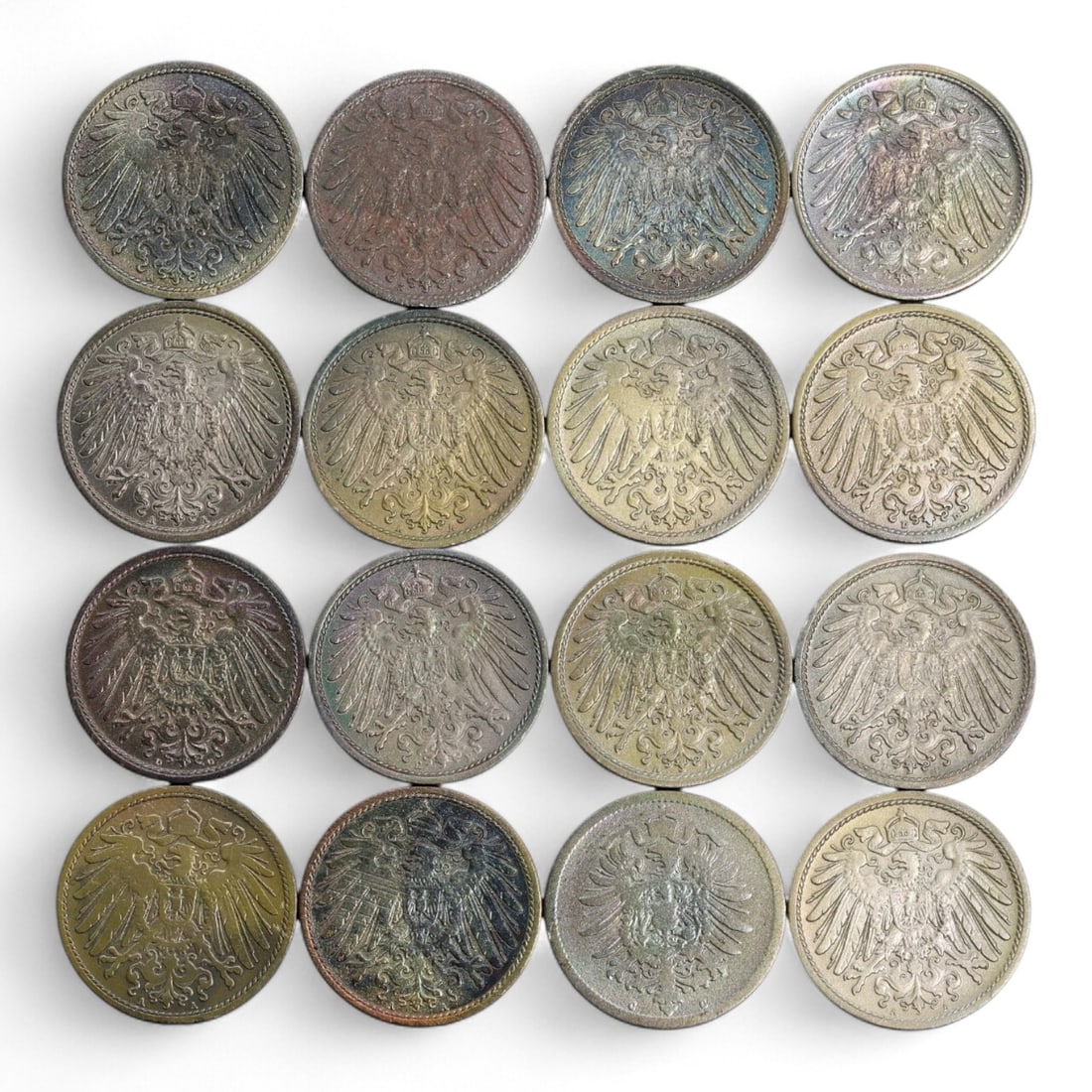 GERMANY: Kaiserreich Industrial Era - 10 Pfennig Coin Lot, 1875-1918, 16 Coins, 20mm, 63g: Spanning over four decades of the German Empire, this 16-coin lot of 10 Pfennig pieces offers a compact yet powerful narrative of imperial modernization and wartime endurance. Issued between 1875 and 