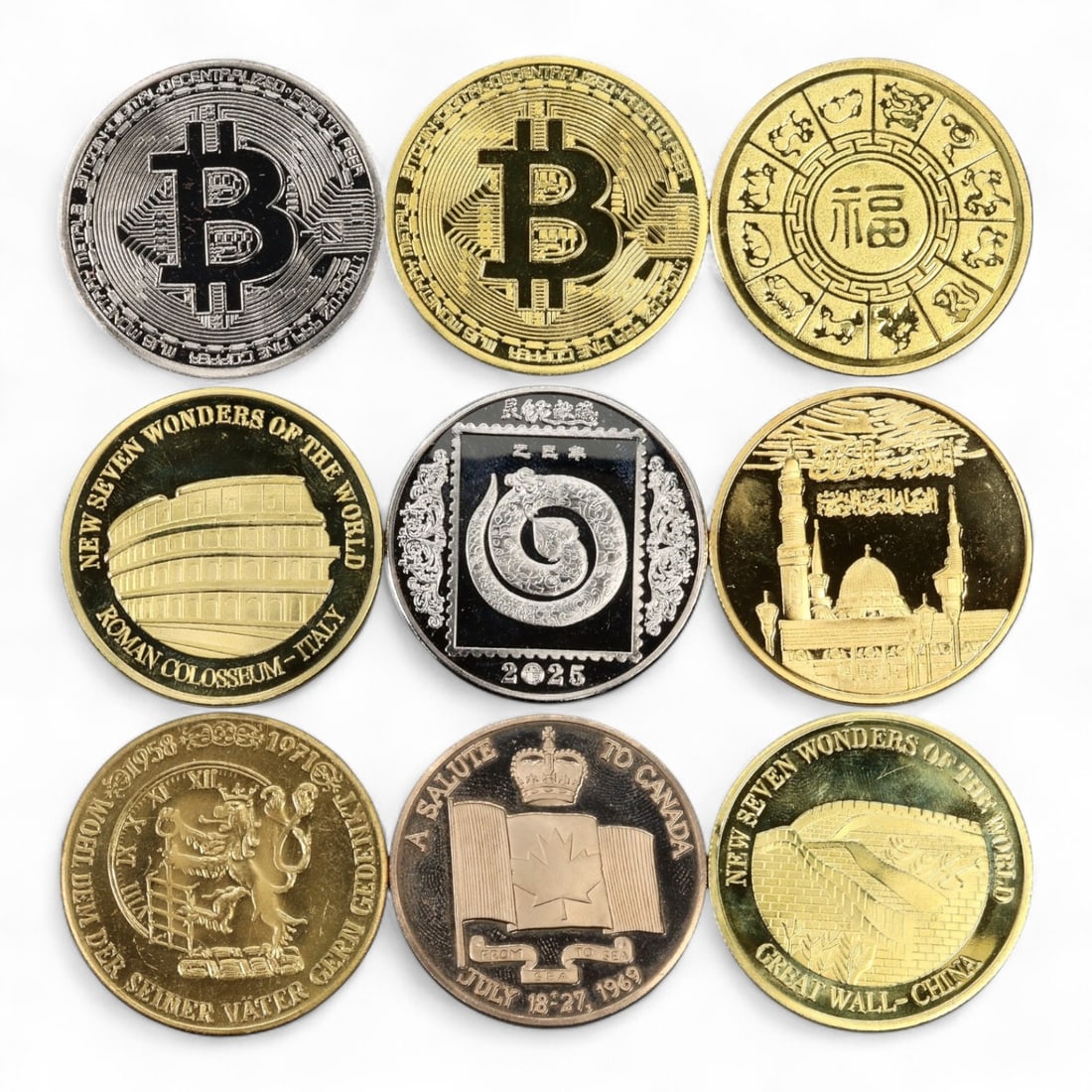 MODERN FANTASY MEDALS & NOVELTIES - Mixed Lot, 9 Pieces, 40mm, 171g: This is a modern fantasy and novelty medal lot consisting of 9 pieces, each measuring approximately 40mm and with a total weight of 171g. The medals feature a variety of contemporary themes, including