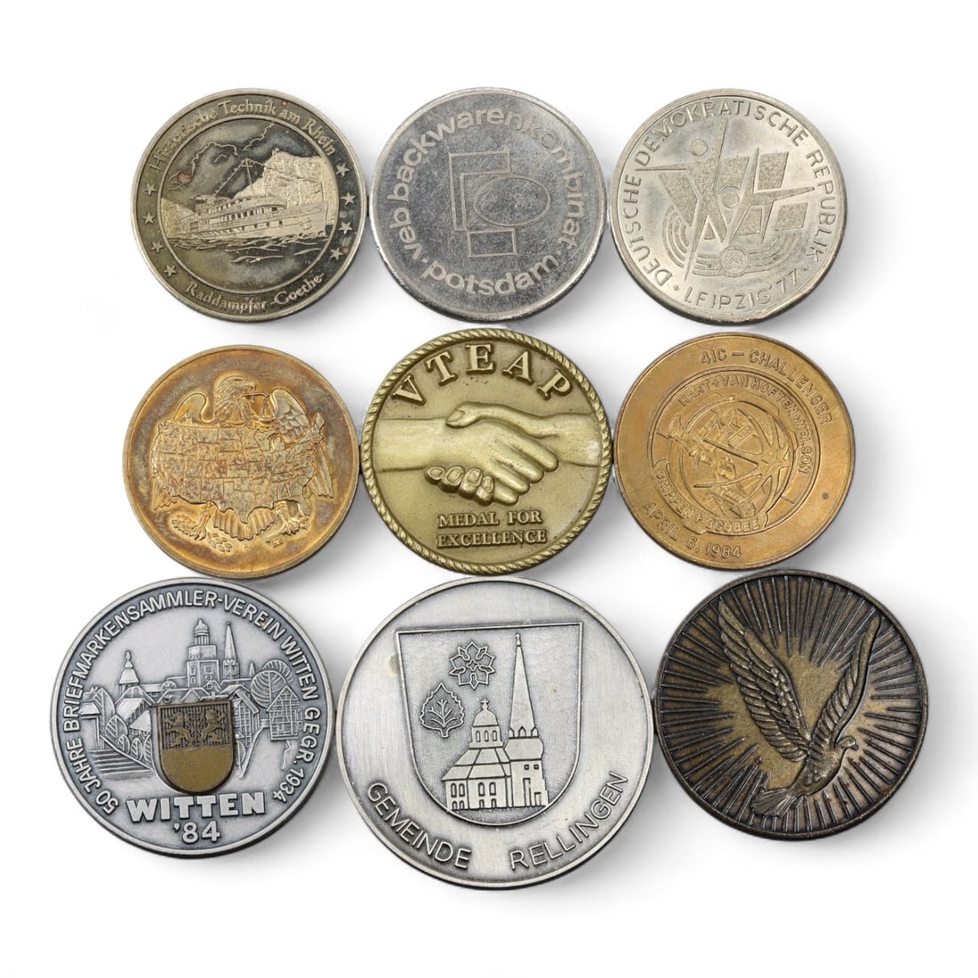 EUROPE: Unity, Industry & Civic Pride - Commemorative Medal Lot, ca. 1950s-1980s, 35-50mm, 246g: A compelling ensemble of nine mid-to-late 20th-century European medals capturing a spectrum of civic, industrial, and ideological milestones across Germany and beyond. The collection reflects both Eas