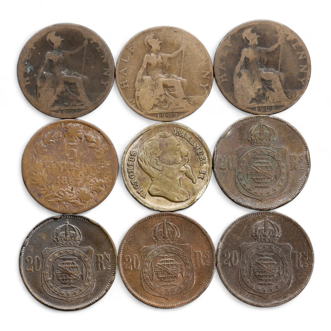 Antique Monarchy and Industry - Transitional Copper Coinage Lot, 1867-1909, 9 Coins, 23-25mm, 53g (1 of 2)
