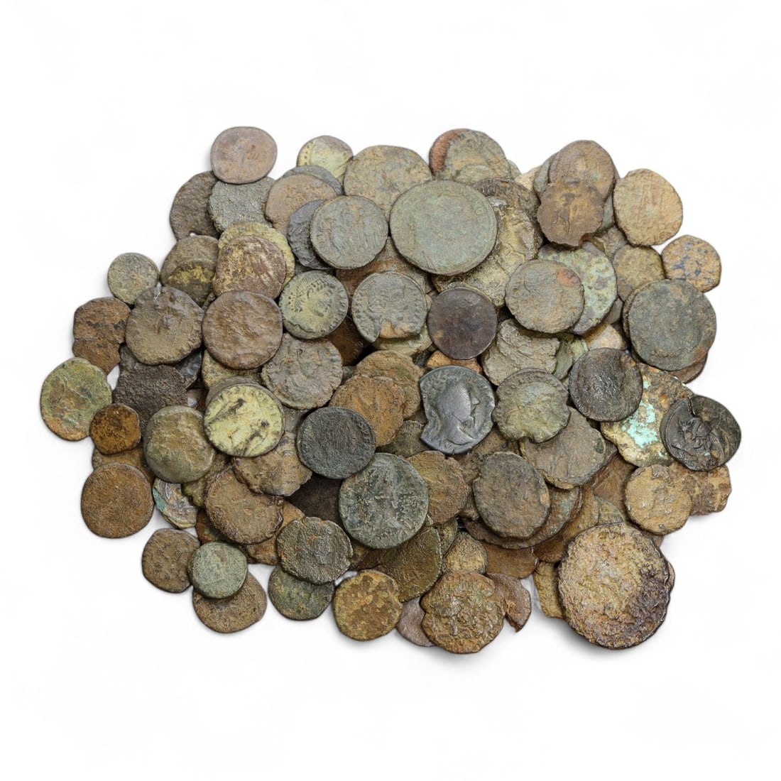 ROMAN EMPIRE: AE Bronze Coinage Lot, 3rd-5th Century AD, 185 Coins, 10-22mm, 268g: This extensive lot of 185 bronze coins captures the dramatic breadth of Rome's late imperial narrative-an era defined by civil strife, border pressures, and theological transformation. With diameters 