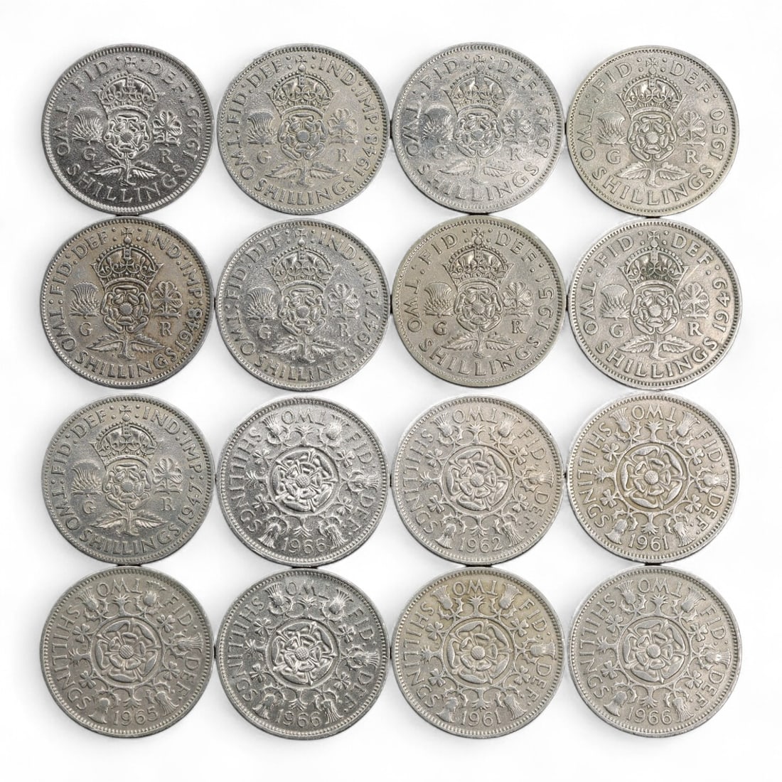 UNITED KINGDOM: Crown & Commonwealth - Two Shillings (Florin) Coin Lot, 1948-1967, 28mm, 178g: This 16-coin lot of British two shillings-commonly known as florins-spans the reigns of George VI and Elizabeth II, charting the transformation of mid-20th century Britain from postwar monarchy to mod