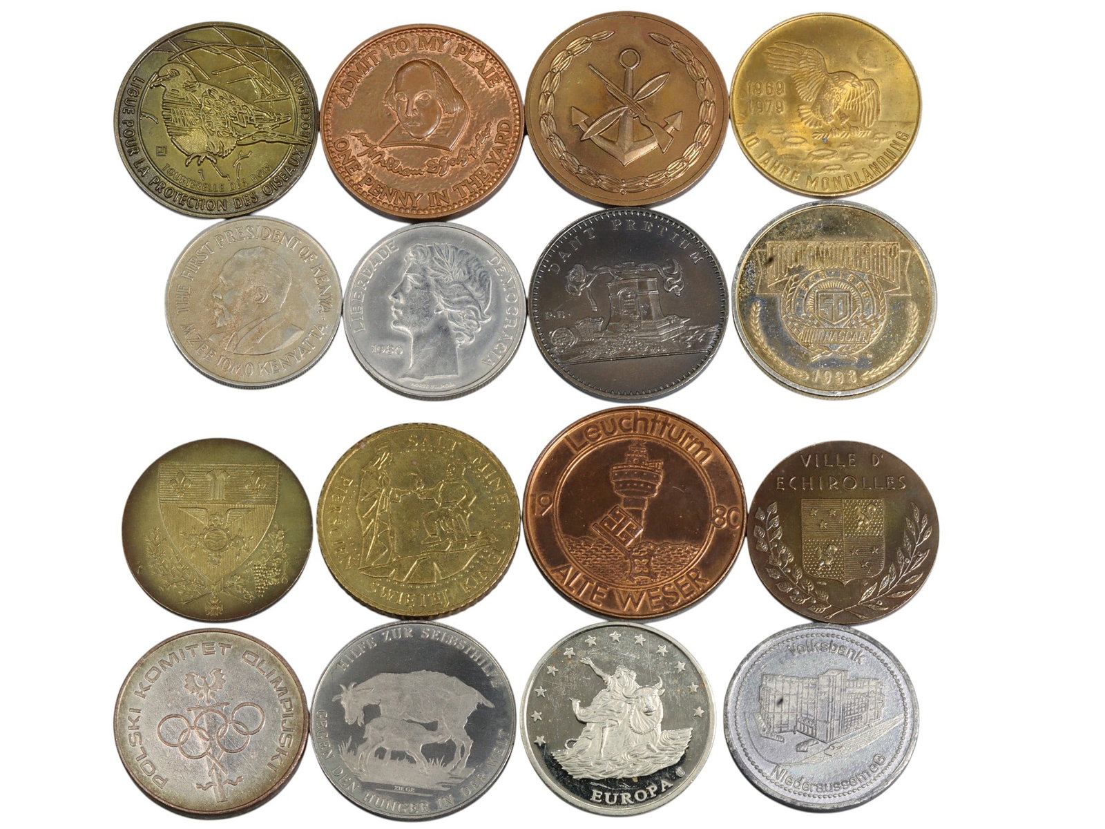 Cultural Milestones & Civic Honors Commemorative Token Lot, 20th Century, 16 Pieces, 25-35mm, 206g: Spanning themes from lunar landings to Olympic pride, this 16-piece lot of modern commemorative tokens captures a vibrant spectrum of civic, cultural, and ideological celebration. Struck in brass, alu