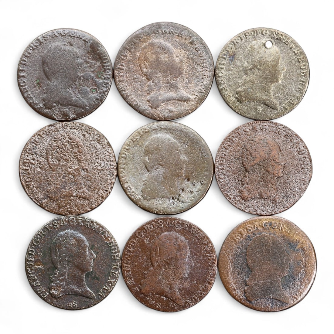 AUSTRIA: Habsburg Authority - Imperial Eagle 3 Kreuzer Coins, 1800-1812, 9 Coins, 29mm (1 of 2)