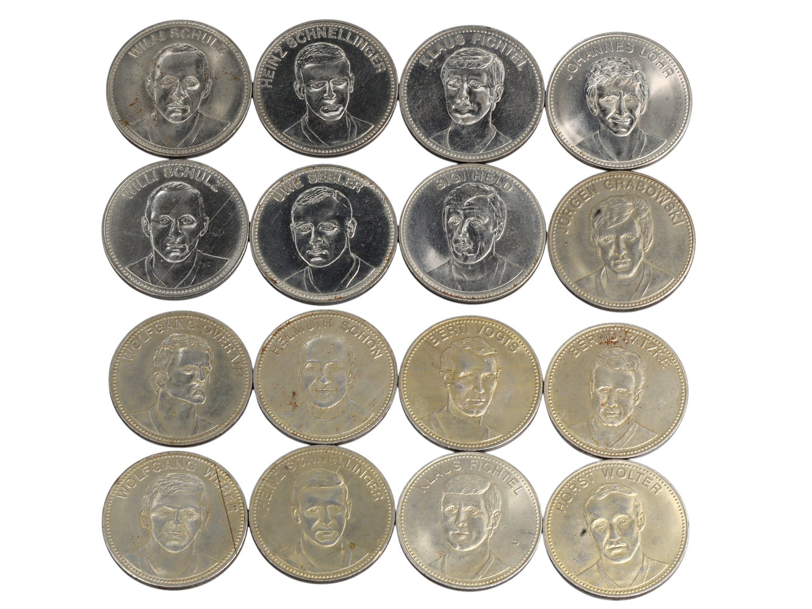 GERMANY: Heroes of the Pitch - National Football Team Medal Set, ca. 1970s, 16 Medals, 30mm, 155g: Struck in aluminum-alloy with satin finish, this 16-piece medallic set celebrates iconic players and figures from the West German national football team during its golden era of the late 1960s and 197