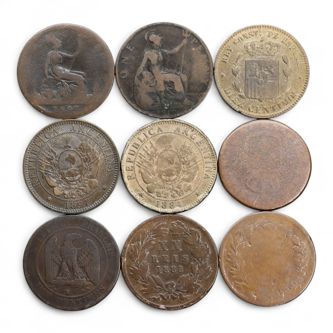 Antique Latin American & European Large Copper Coin Lot, 1882-1916, 9 Coins, 30mm, 87g (1 of 2)
