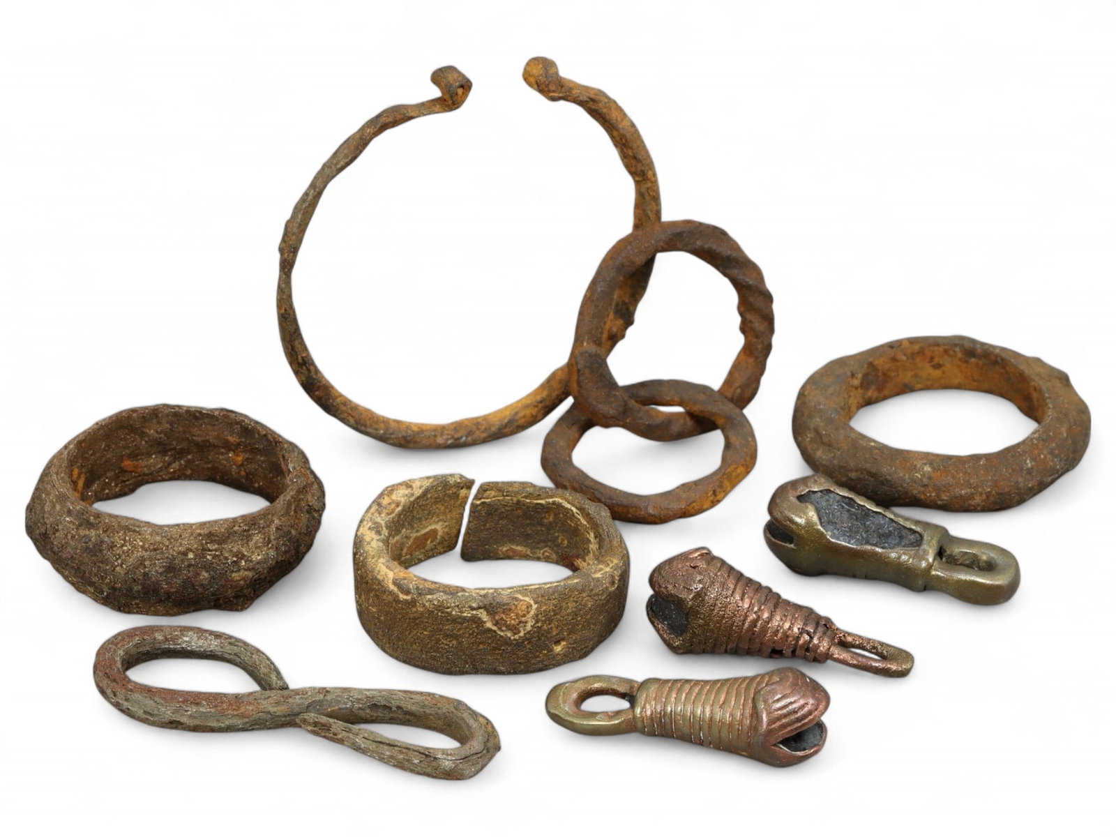 Ancient Viking and Early Medieval Bronze and Iron Utility Relics Collection, 9th-11th Century CE 92g: This fascinating assemblage of nine ancient relics-crafted from bronze and iron-offers a rare glimpse into the daily life and utilitarian artistry of Viking and early medieval European cultures, circa
