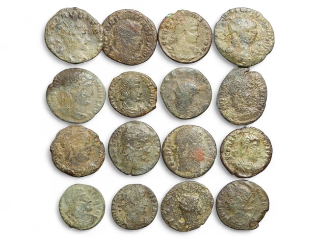 ROMAN EMPIRE: Crisis & Consolidation - Late Imperial Bronze Coin Lot, 3rd-4th Century, 16-18mm, 32g: This group of 16 bronze Roman coins, dating to the turbulent 3rd and 4th centuries CE, bears the ghostly profiles of emperors who ruled through military upheaval, border pressure, and administrative r