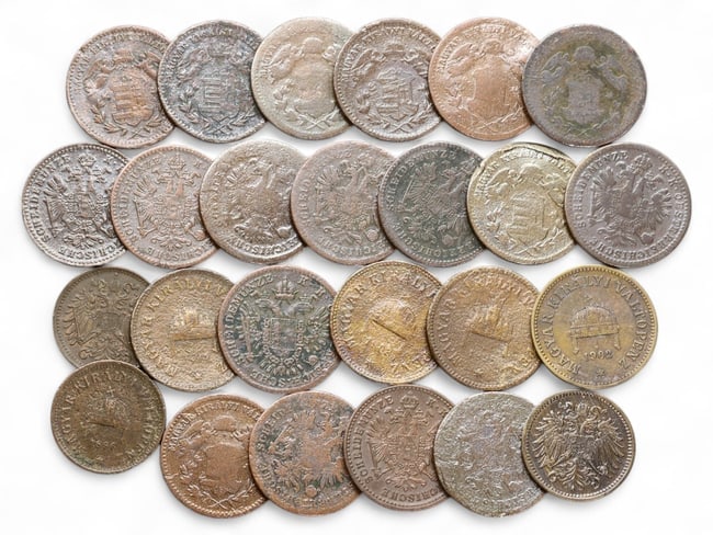 AUSTRIA-HUNGARY: Imperial Cohesion - Habsburg Armorial Coin Lot, Late 19th-Early 20th Century, 74g: This refined lot of 25 base-metal coins features the unmistakable double-headed eagle of the Austro-Hungarian Empire-an enduring emblem of imperial authority and multicultural rule. Dominated by 1 and