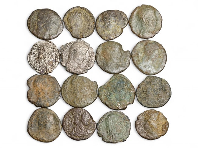 ROMAN EMPIRE: Frontier Circulation - Late Imperial Bronze & Billon Coin Lot, 16pcs, 16-18mm, 24g: Comprising 16 late Roman coins, this lot presents a compelling mix of low-denomination bronzes and two visibly billon or silver-washed types, likely struck between the mid-3rd and early 5th centuries 