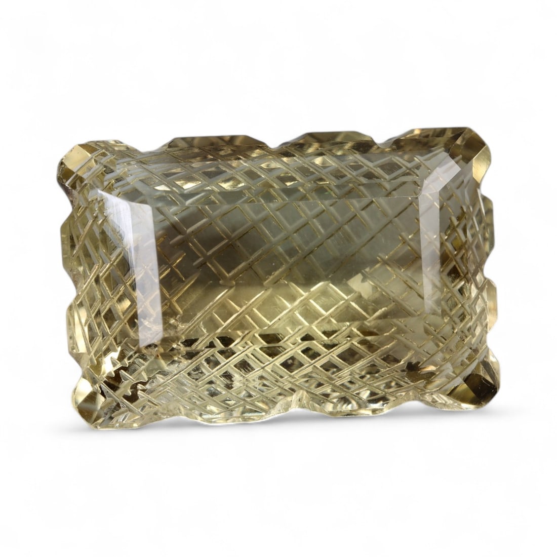 32.40 Carats Golden Yellow Citrine - Natural Brazilian Stone: This radiant citrine dazzles in a vibrant golden-yellow tone that shifts gently under changing light. The stone features an intricately sculpted surface, with intersecting facets that create a mesmeri