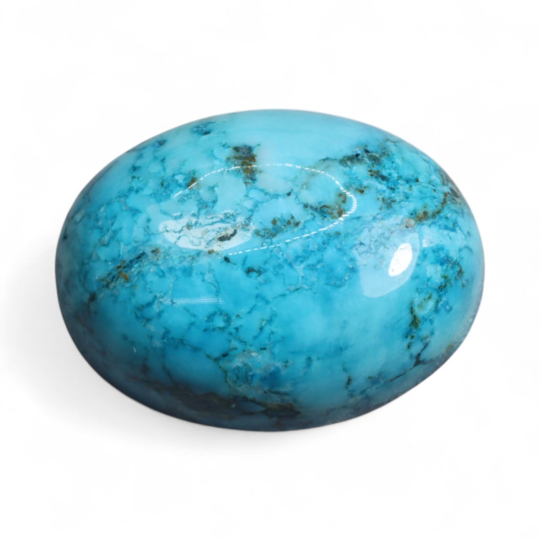 11.07 Carats Sky Blue Turquoise Oval Cabochon - Natural American Stone: This vivid turquoise cabochon glows with an intense sky blue hue, punctuated by a classic web matrix of golden brown and charcoal veining. The color is bold and evenly distributed, offering that prize