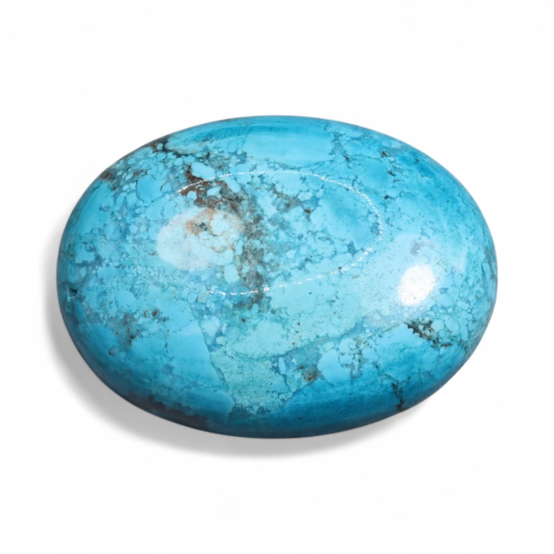 11.90 Carats Sky Blue Turquoise Oval Cabochon - Natural American Stone: This vivid turquoise cabochon glows with an intense sky blue hue, punctuated by a classic web matrix of golden brown and charcoal veining. The color is bold and evenly distributed, offering that prize