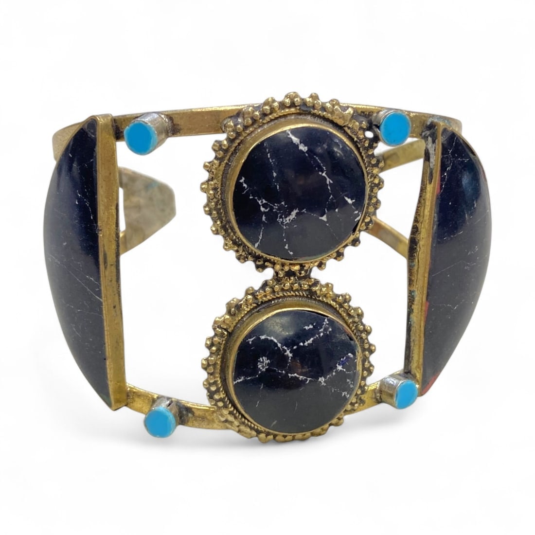 Antique Tribal Berber Black Stone and Turquoise Inlay Bronze Cuff Bracelet, 43g (1 of 4)