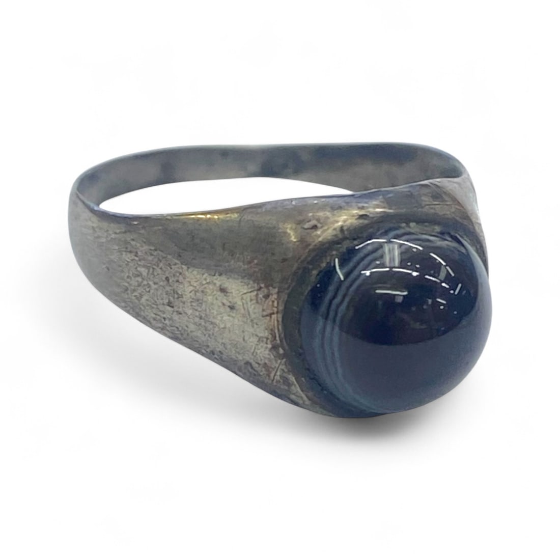 Antique Mid-20th Century Silver Ring with Banded Agate Cabochon, 4g (1 of 4)