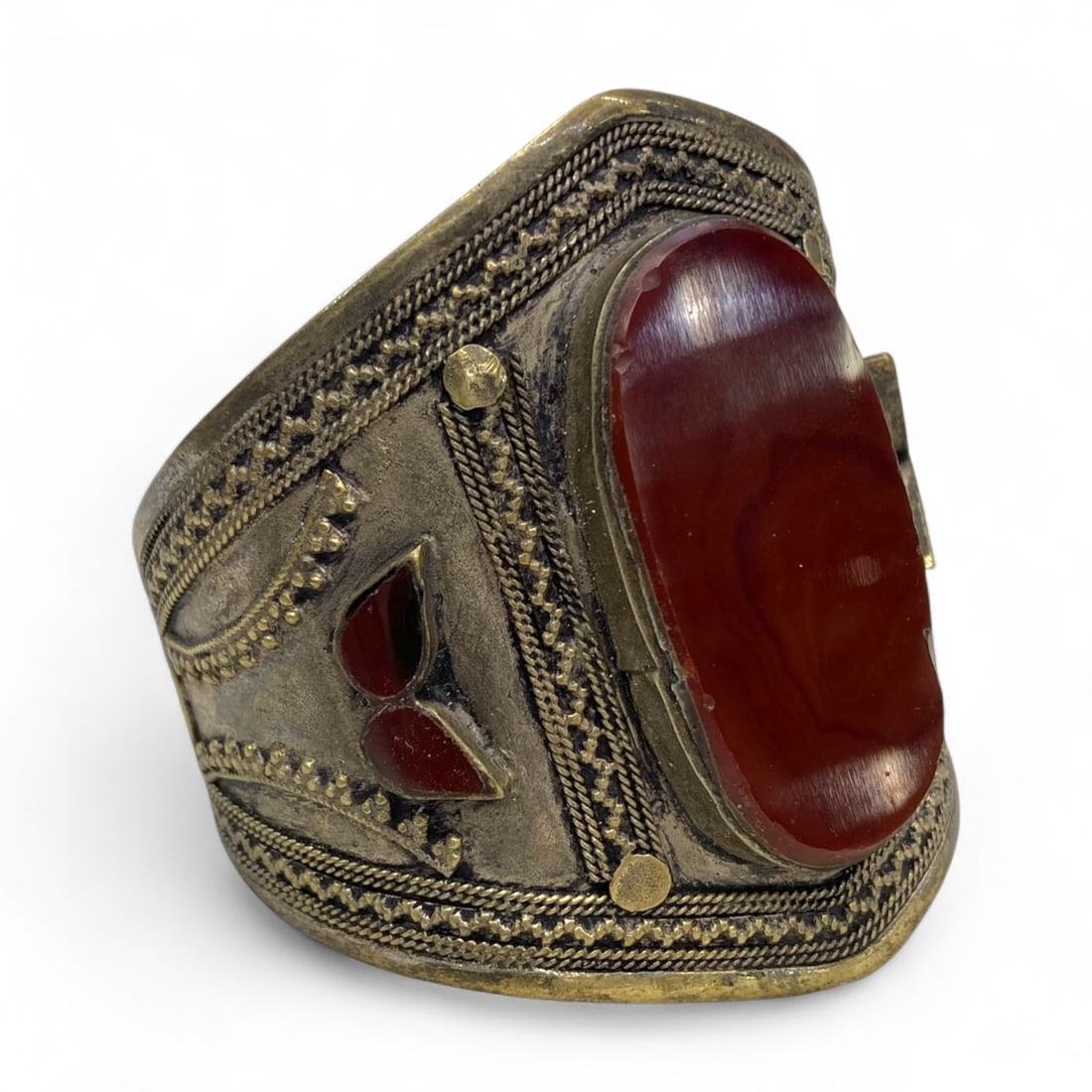 Antique Tribal Berber Carnelian Inlay Bronze Cuff Bracelet, 58g (1 of 3)
