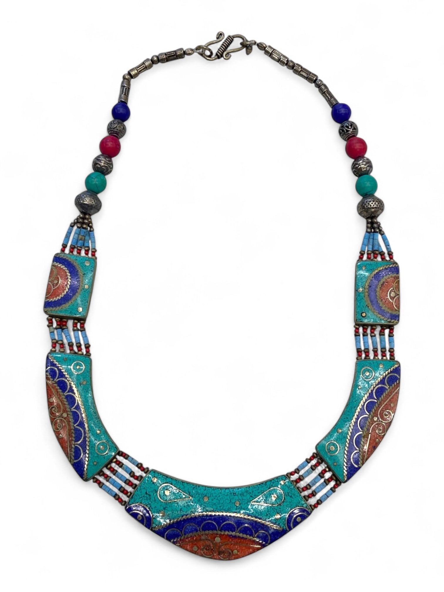 Vintage Himalayan Tribal Turquoise Coral Lapis Cloisonne Panel Necklace, mid-20th Century, 126g: This colorful vintage Himalayan necklace, likely from Nepal and dating to the mid-20th century, showcases the vibrant artistry of cloisonne-style inlay combined with traditional tribal motifs. The nec